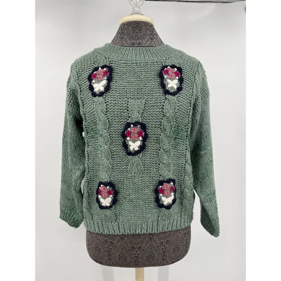 Shenanigans Sweaters - Shenanigans knitted by hand women's sage green sweater with flowers size M